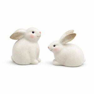 Set of 2 Easter Bunny Figurines Resin Off White Speckled Ivory Rabbit Decor
